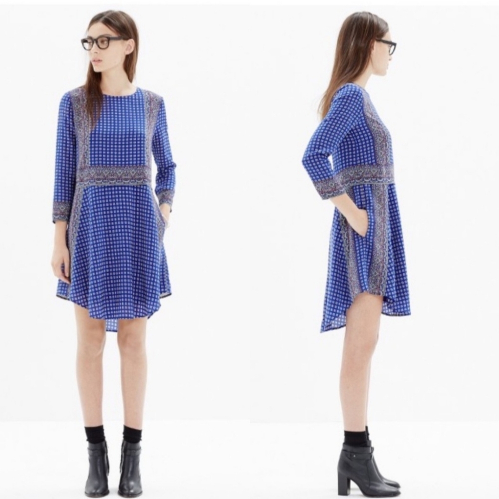 Madewell Silk 3/4 Sleeve Bohemian  Coastal Cowgirl Lined Dress XXS NWOT Pockets